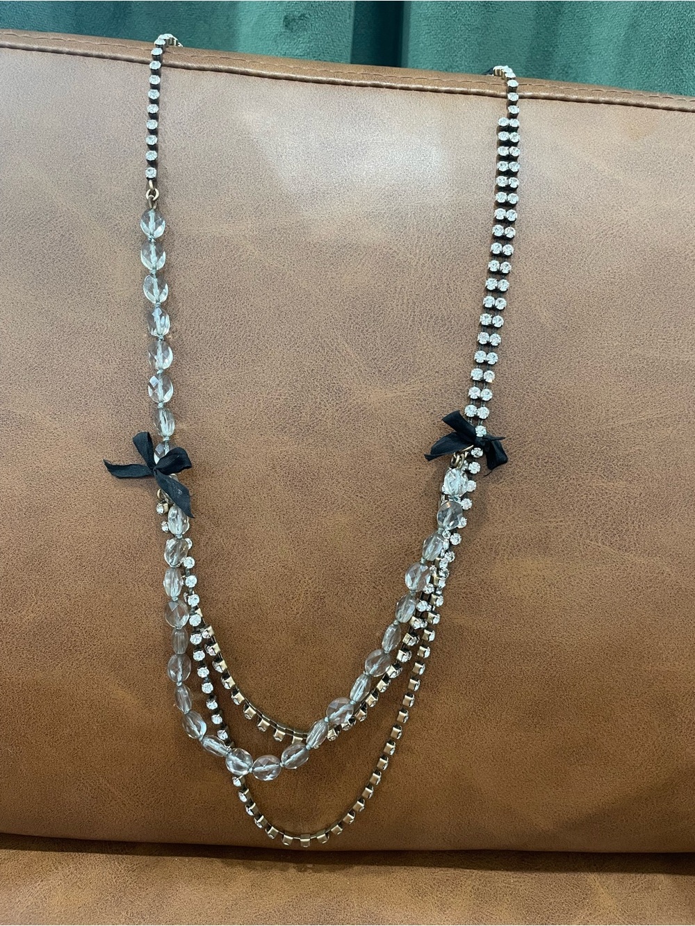 J. Crew Clear Crystal Multi-Strand Necklace with Black Ribbon Bows
